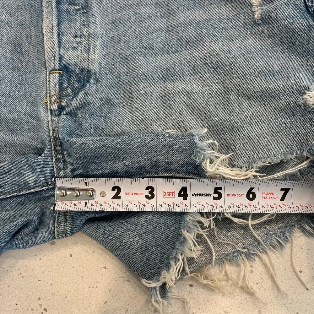 Agolde Parker Long Light Blue Distressed Denim Shorts in Swapmeet 27